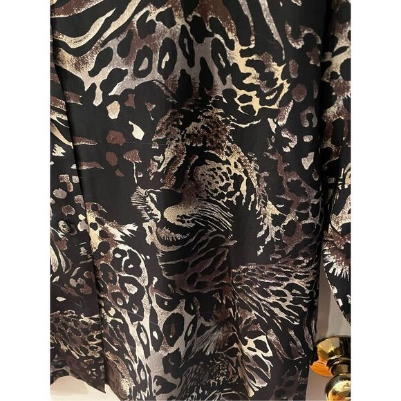 Fu Da Silk Black & Tan Zebra Tiger Print Button Up Blouse sz M EUC - Picture 2 of 6